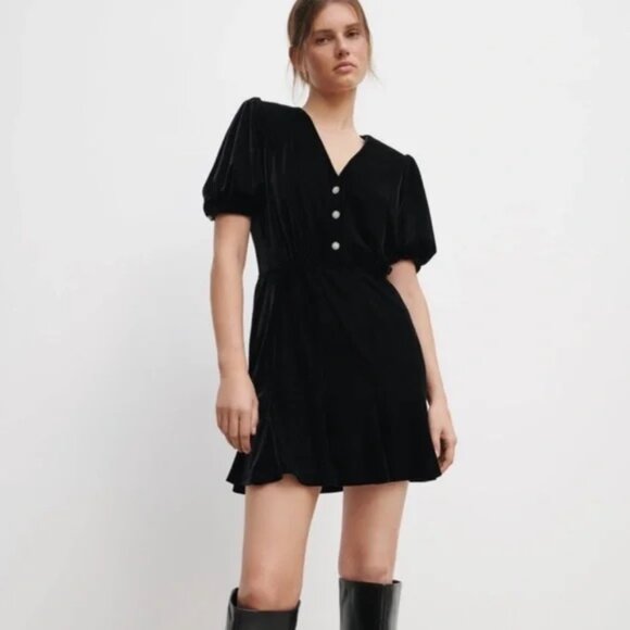 NWT Zara Black Velvet Mini Dress w/ Jewel Buttons Women Size M - Picture 1 of 10